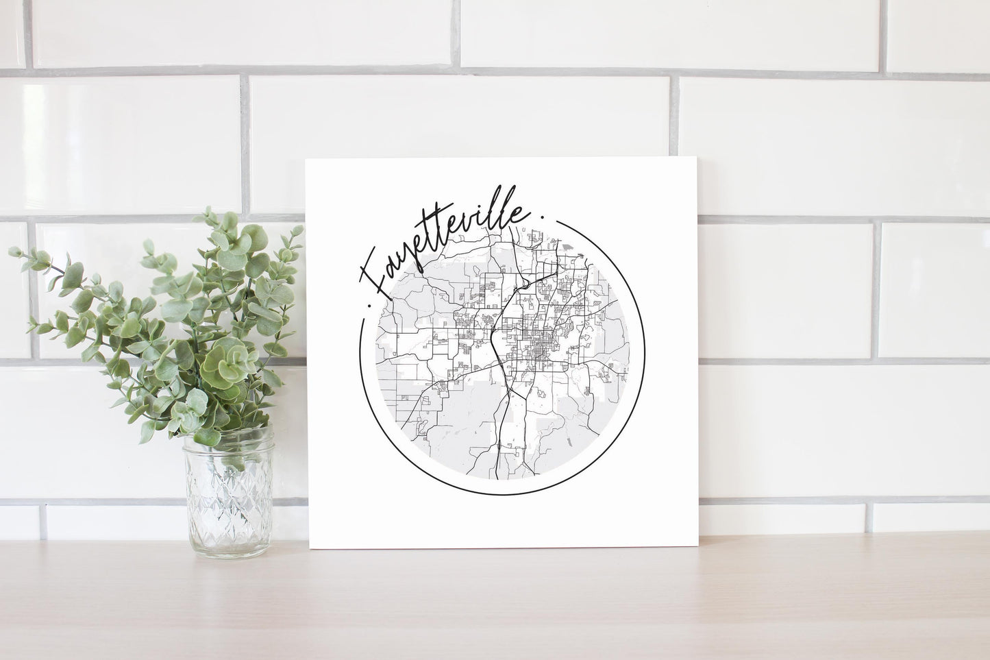 B&W Minimalist Arkansas Fayetteville Circle Map | Wood Sign | Eaches | Min 2