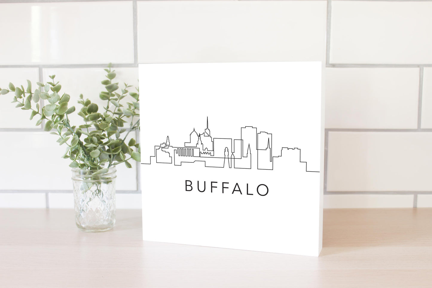 Minimalistic B&W New York Buffalo Skyline | Wood Block | Eaches | Min 2