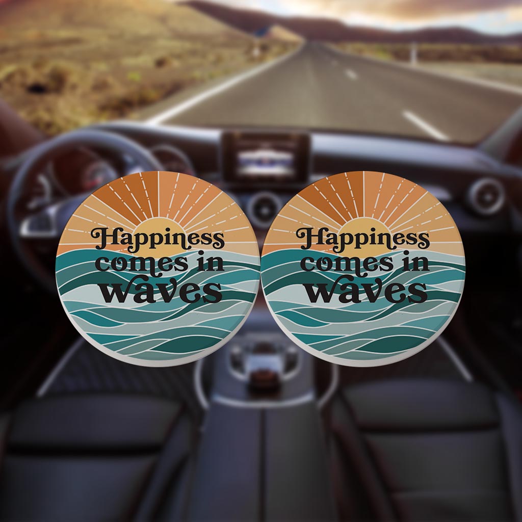 Happiness Comes In Waves | Absorbent Car Coasters | Set of 2 | Min 4