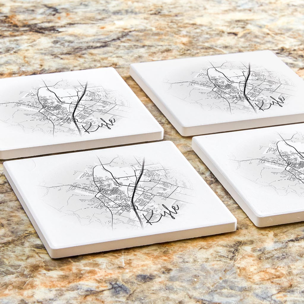 Minimalistic B&W Texas Kyle Circle Map | Absorbent Coasters | Set of 4 | Min 2