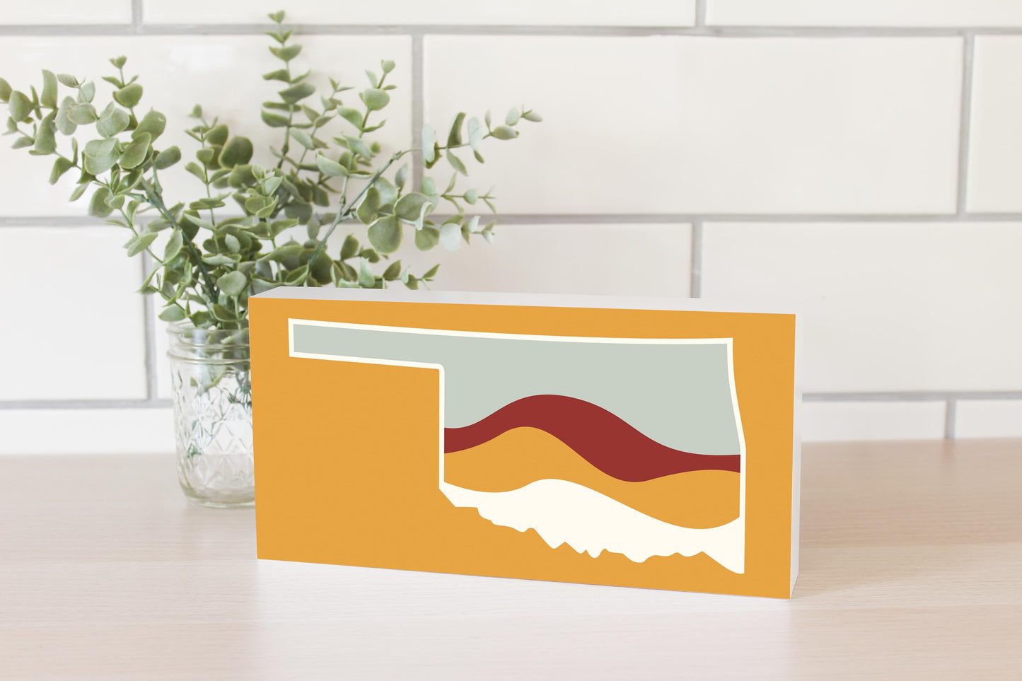 Modern Minimalist Oklahoma Orange Retro State Shape With Hills | Wood Block | Eaches | Min 4