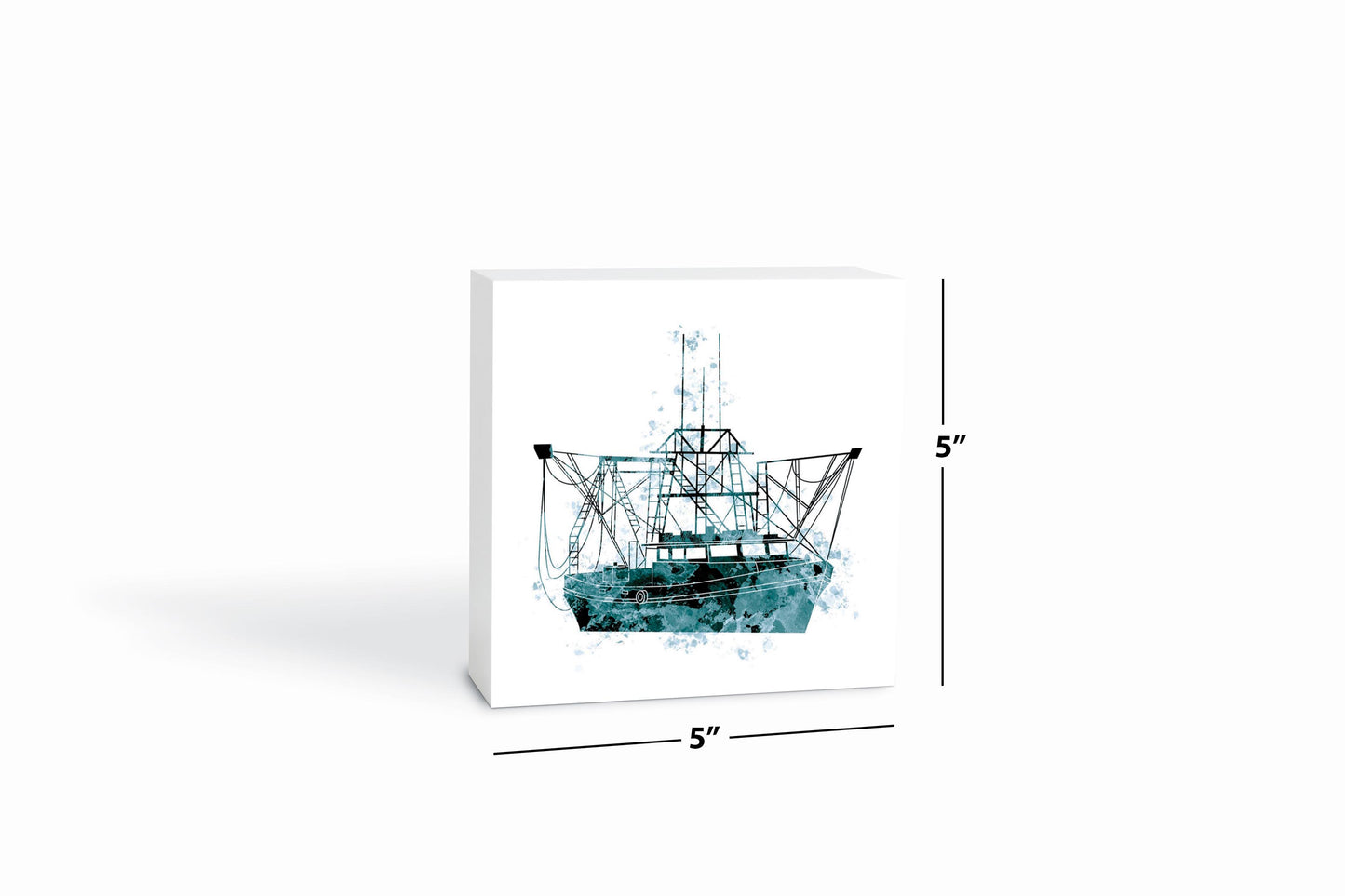 Blue White Water Color Shrimp Boat | Wood Block | Eaches | Min 4