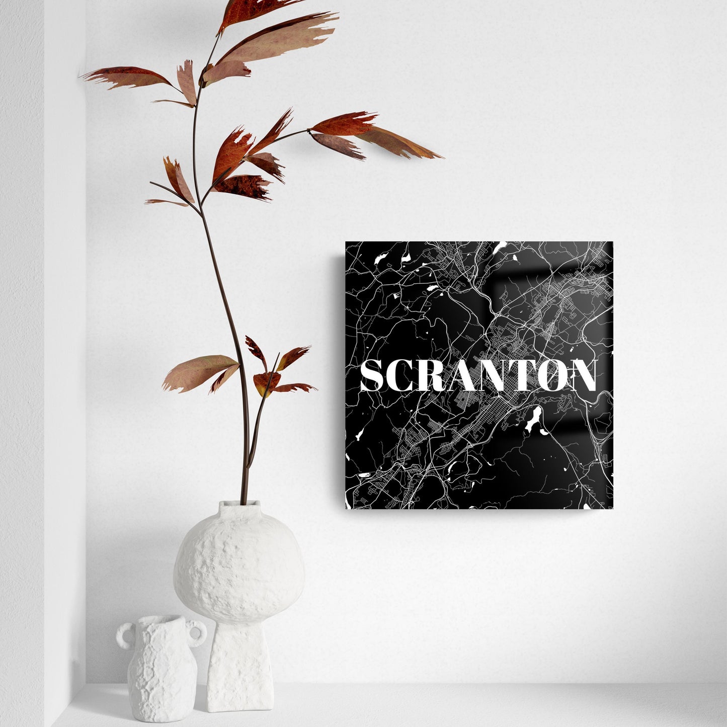 Minimalistic B&W Pennsylvania Scranton Map | Hi-Def Glass Art | Eaches | Min 2