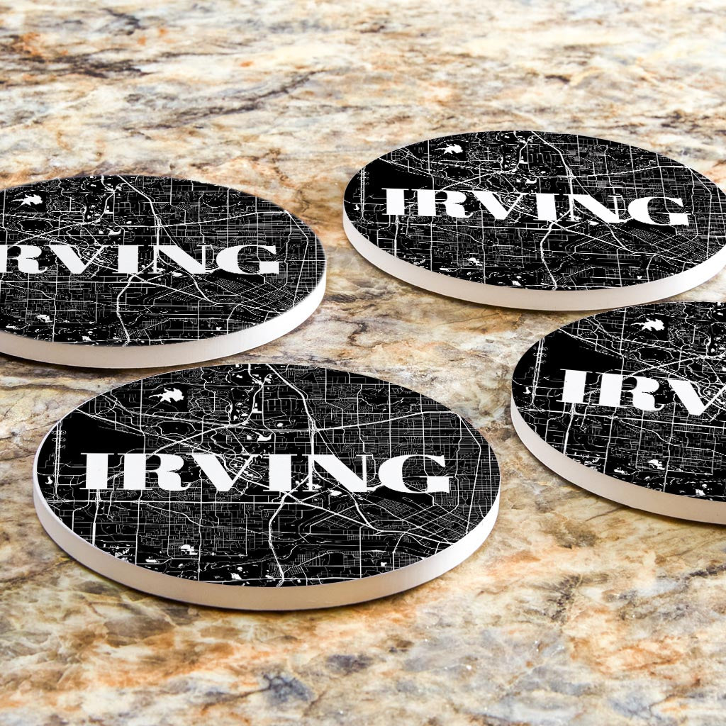 Minimalistic B&W Texas Irving Map | Absorbent Coasters | Set of 4 | Min 2