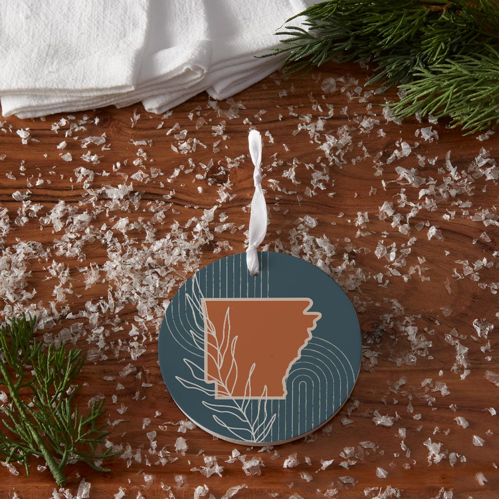 Modern Minimalist Arkansas State Shape With Leaf | Wood Ornament | Eaches | Min 6