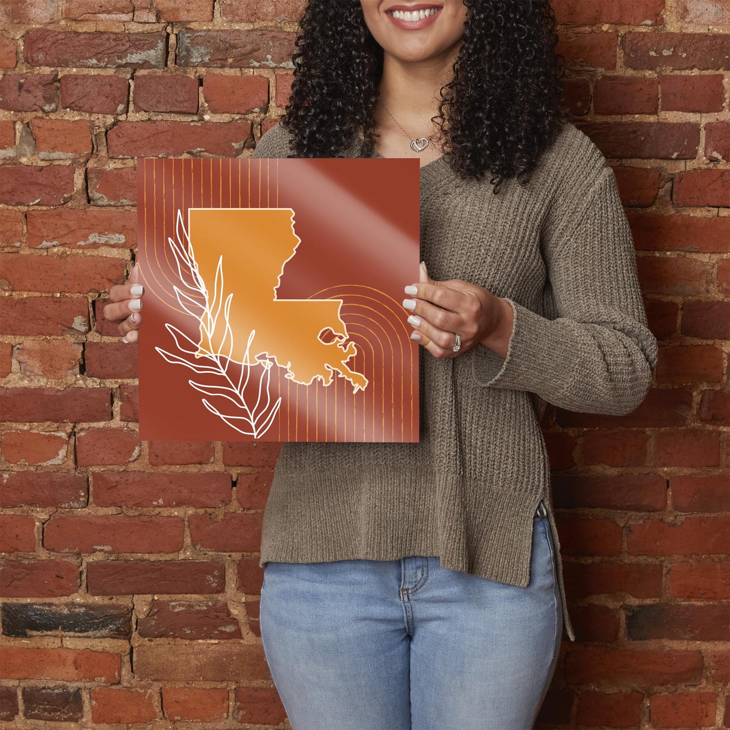 Modern Minimalist Louisiana State Shape With Leaf | Hi-Def Glass Art | Eaches | Min 1