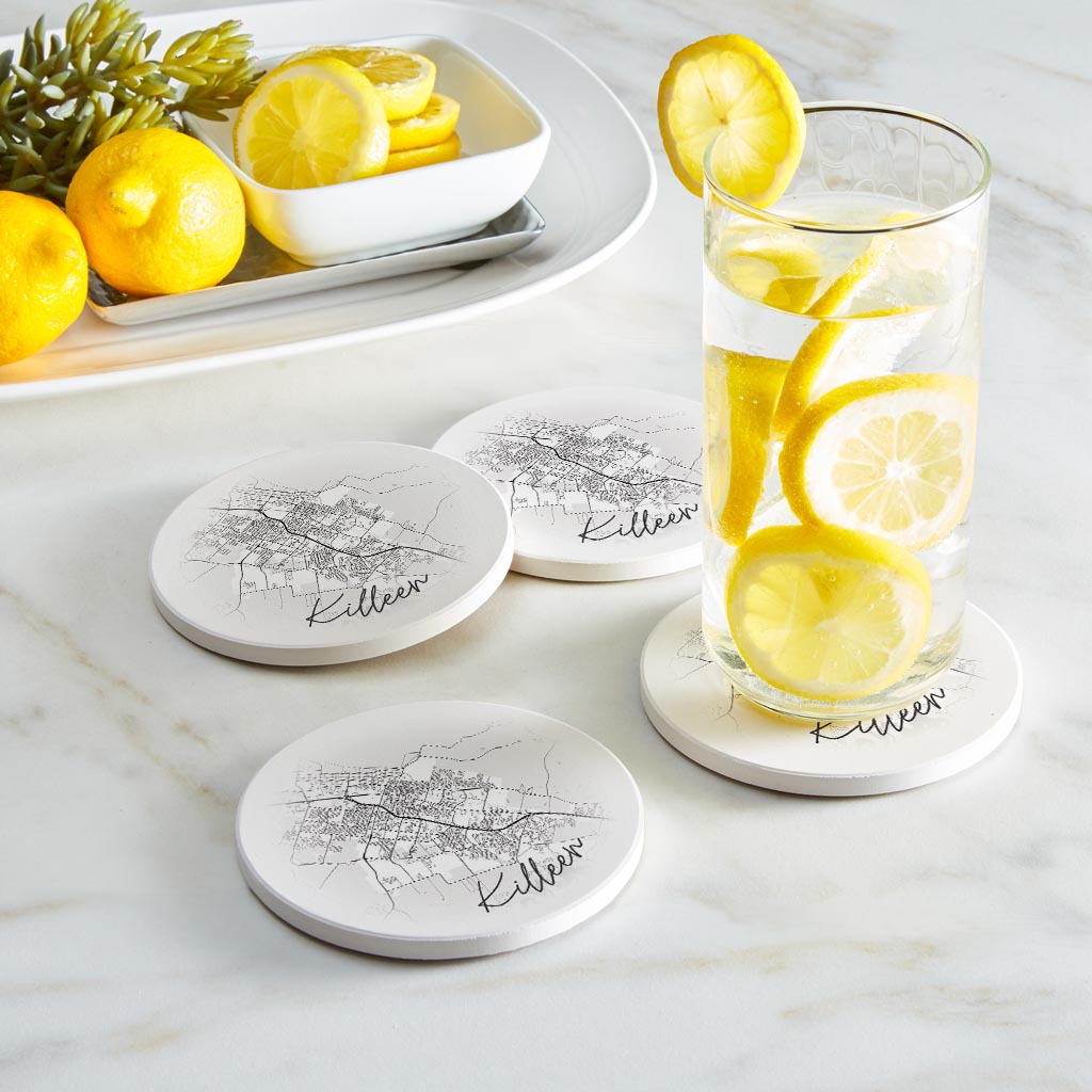 Minimalistic B&W Texas Killeen Circle Map | Absorbent Coasters | Set of 4 | Min 2