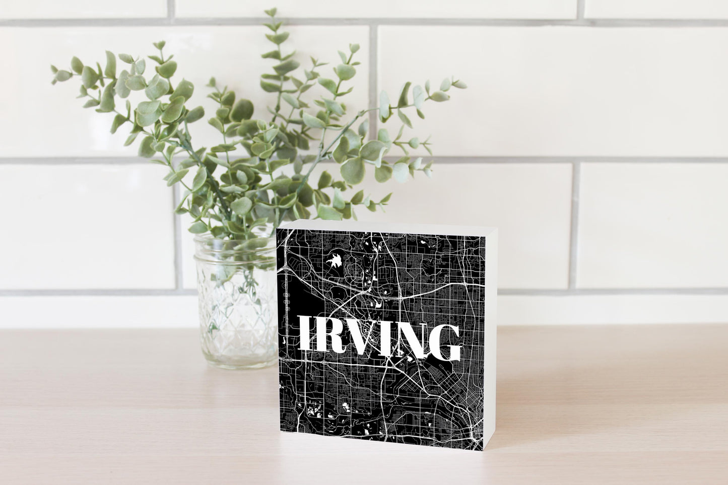 Minimalistic B&W Texas Irving Map| Wood Block | Eaches | Min 4