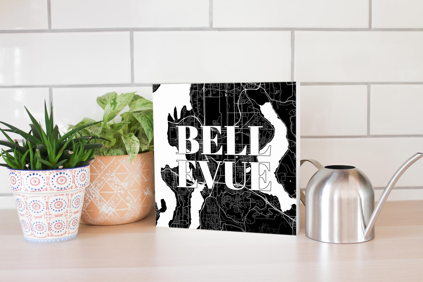 Minimalistic B&W Washington Bellevue Map | Wood Block | Eaches | Min 2