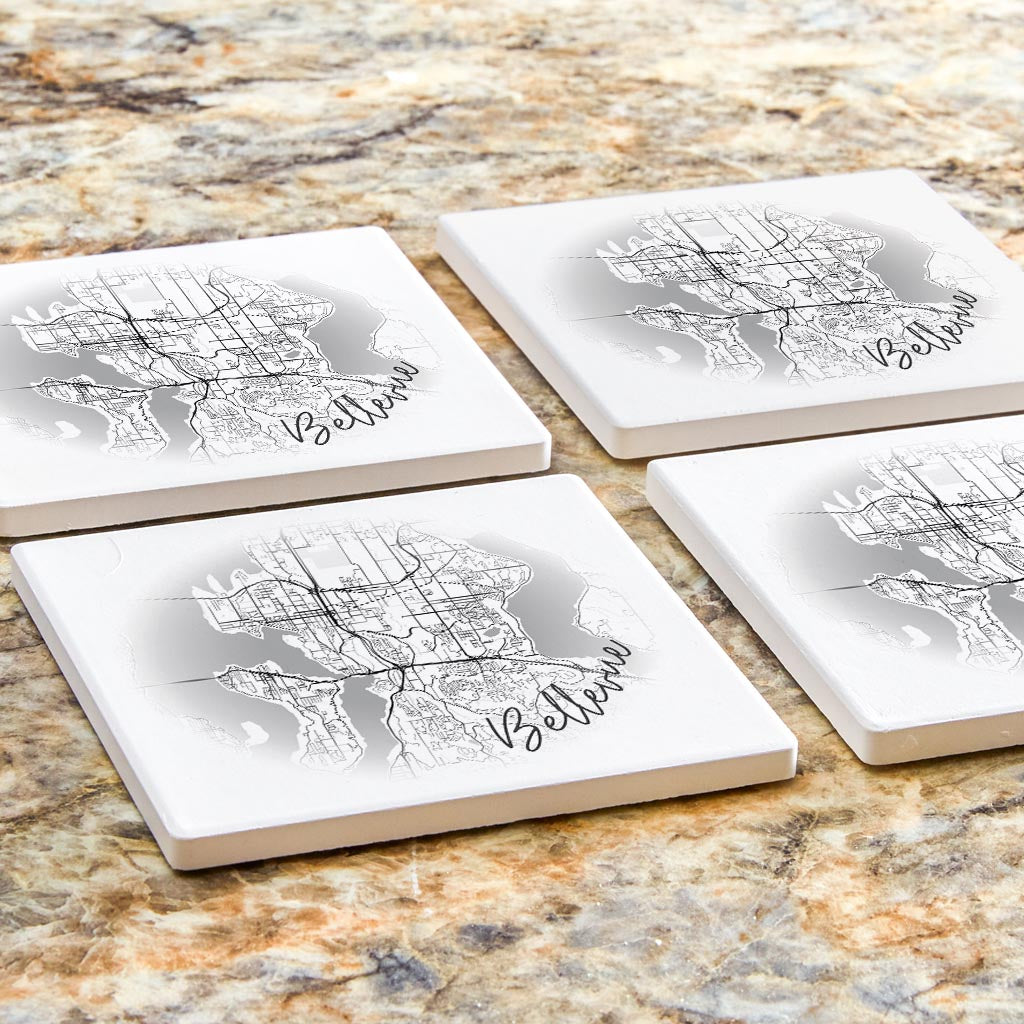 Minimalistic B&W Washington Bellevue Circle Map | Absorbent Coasters | Set of 4 | Min 2