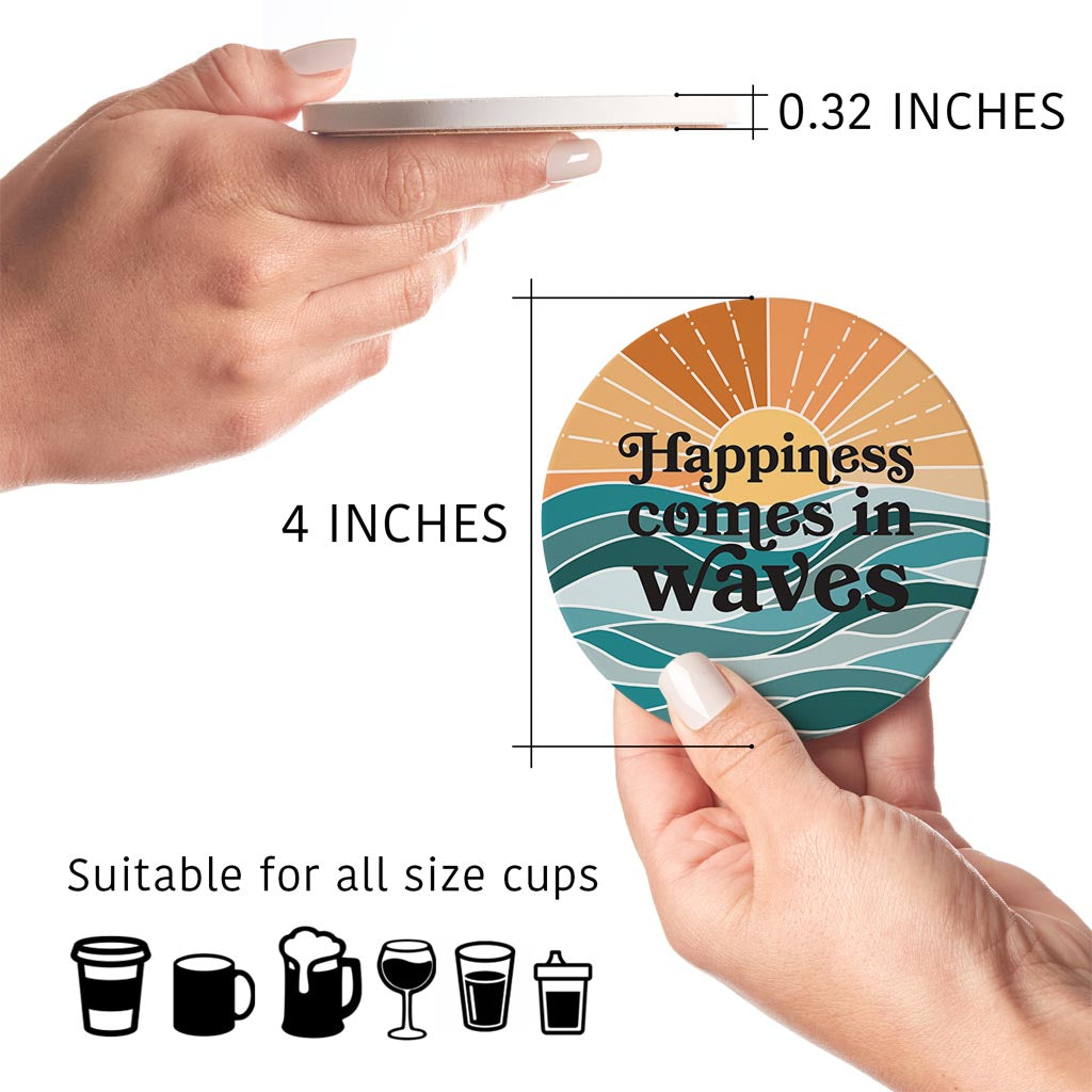 Happiness Comes In Waves| Absorbent Coasters | Set of 4 | Min 2