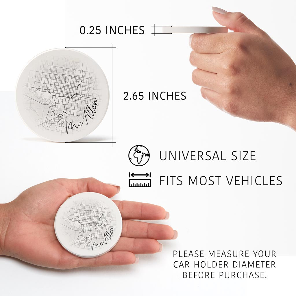 Minimalistic B&W Texas Mcallen Circle Map | Absorbent Car Coasters | Set of 2 | Min 4