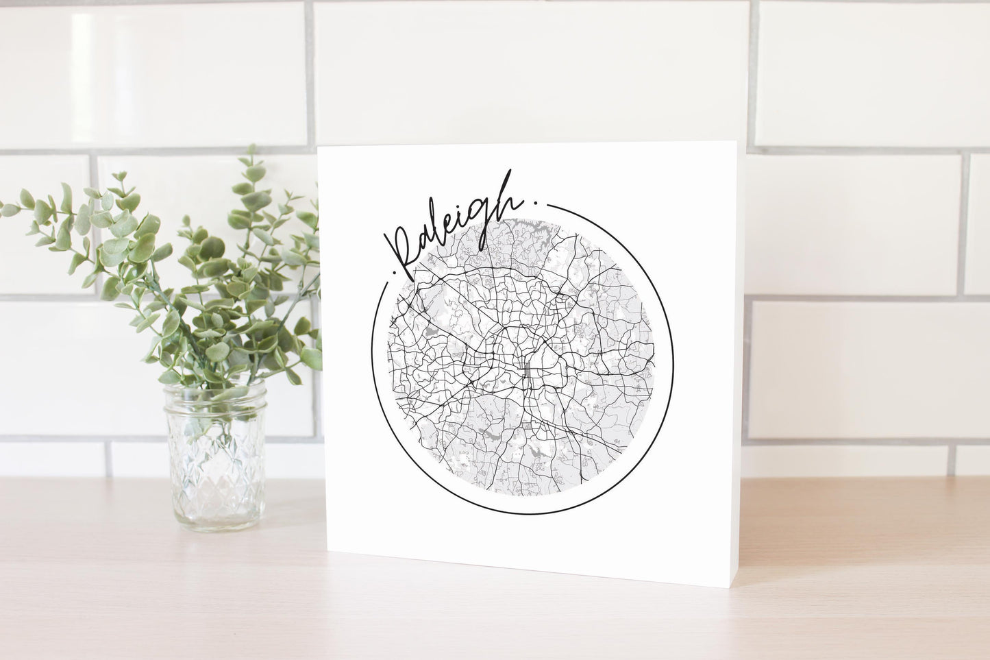 Minimalistic B&W North Carolina Raleigh Circle Map | Wood Block | Eaches | Min 2