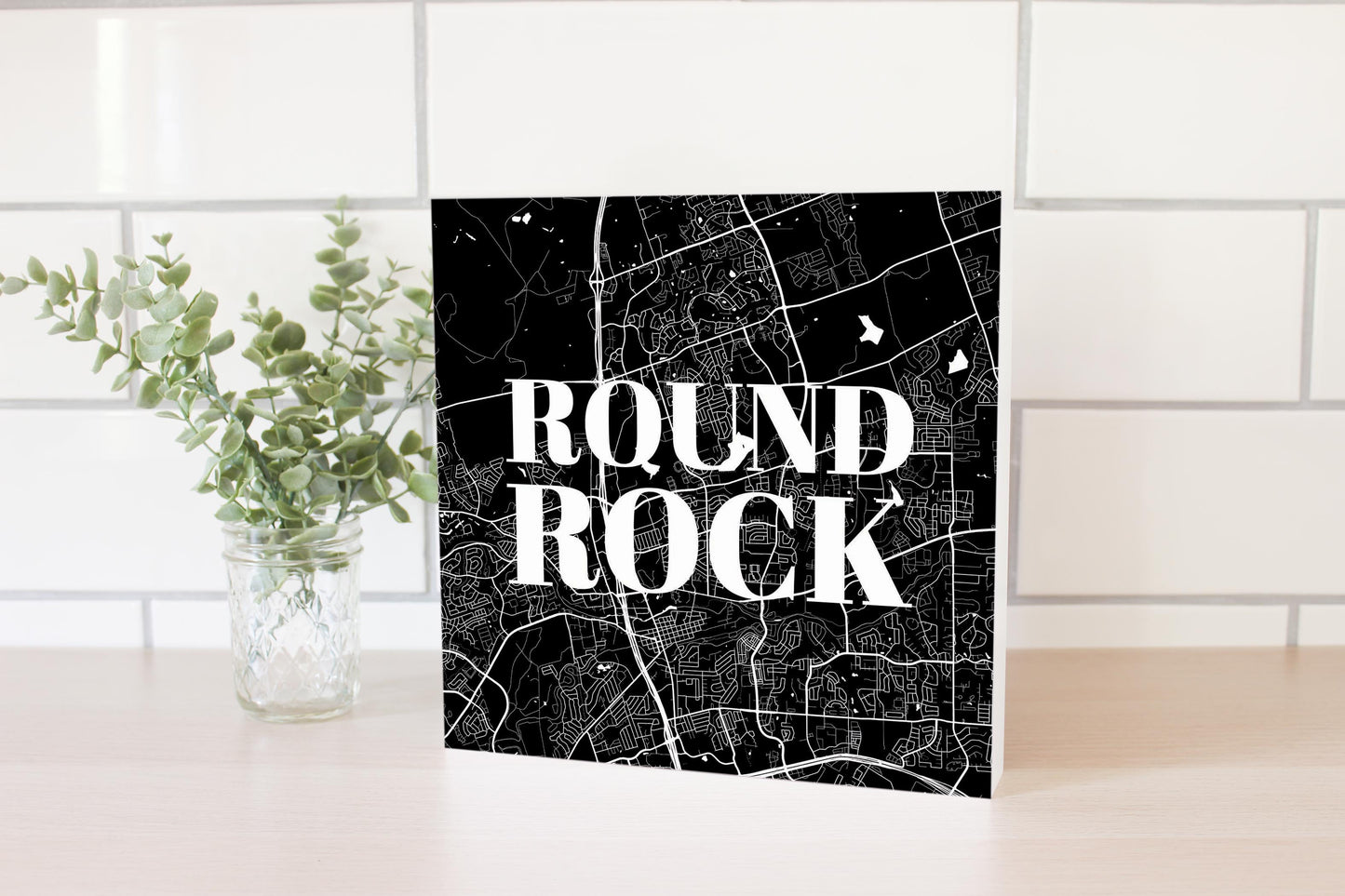 Minimalistic B&W Texas Round Rock Map | Wood Block | Eaches | Min 2