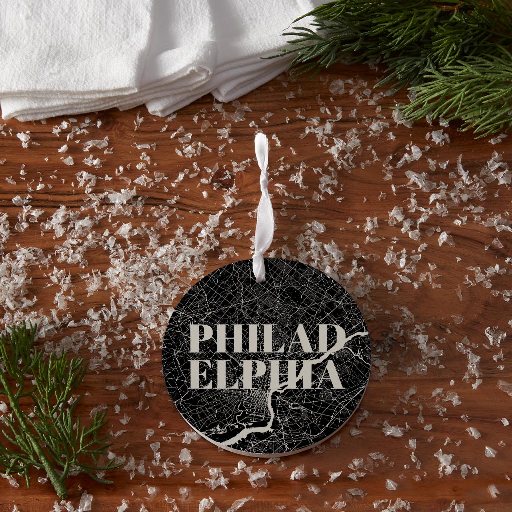 Minimalistic B&W Pennsylvania Philadelphia Map| Wood Ornament | Eaches | Min 6