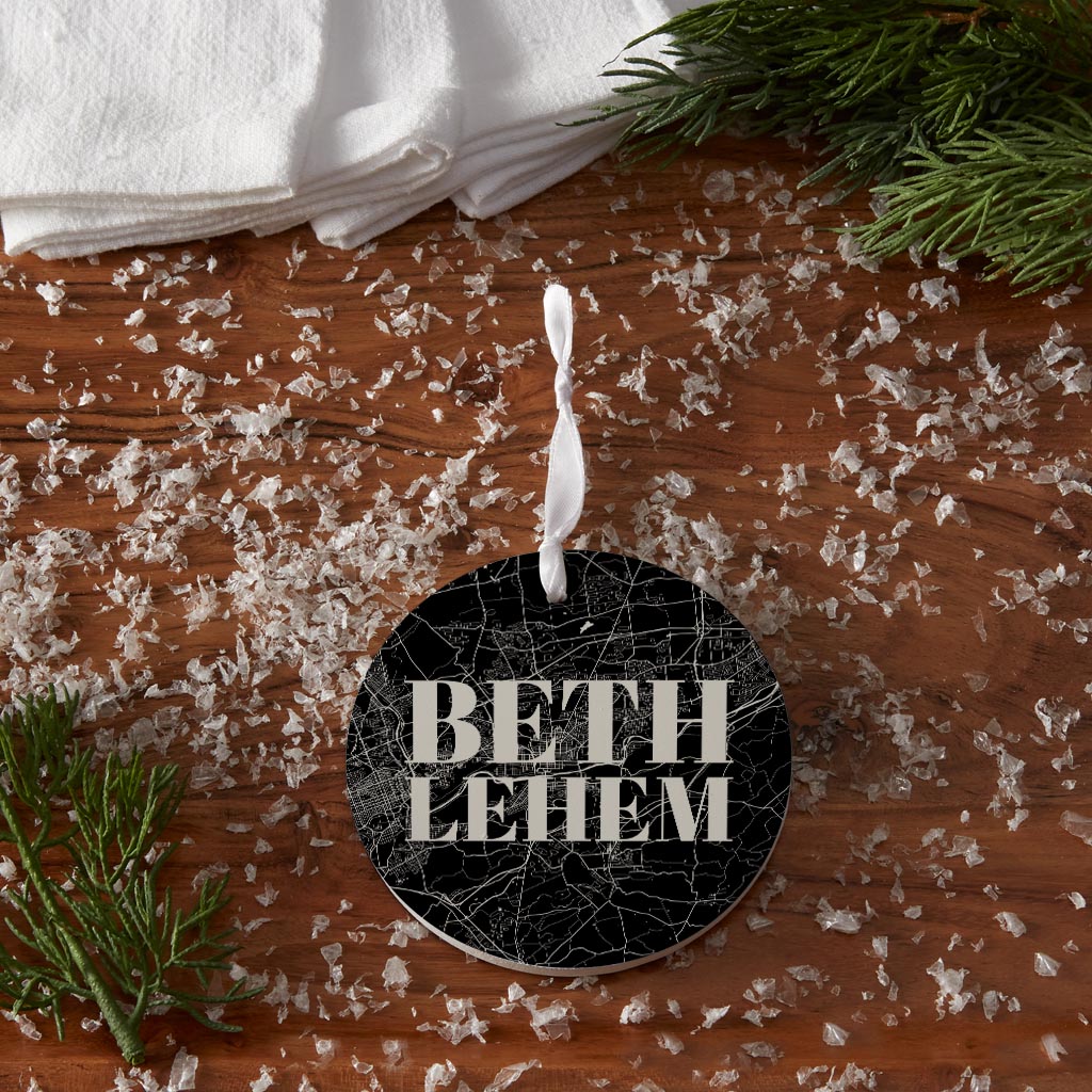 Minimalistic B&W Pennsylvania Bethlehem Map| Wood Ornament | Eaches | Min 6