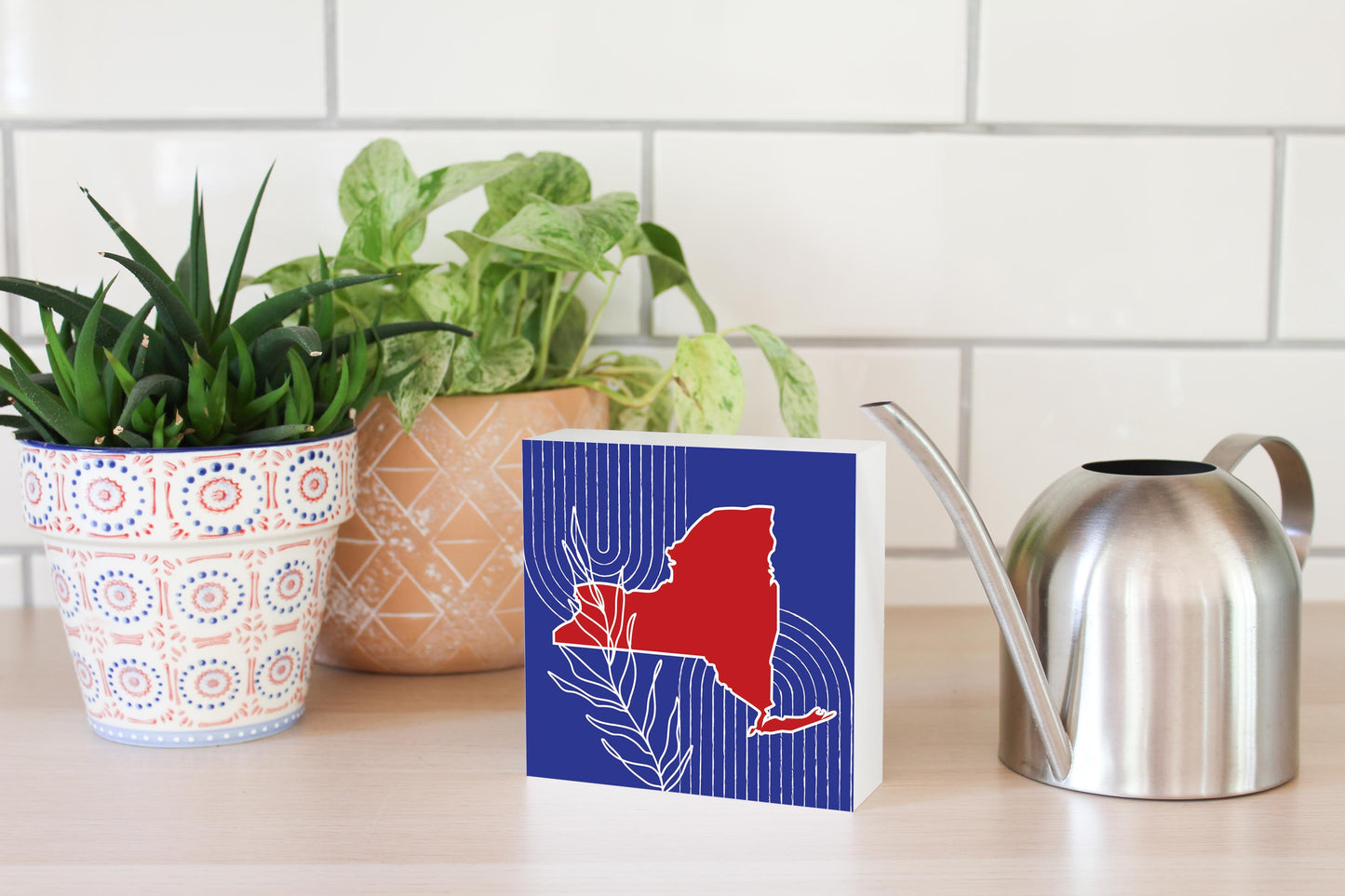 Red White And Blue New York State Retro Thin Lines | Wood Block | Eaches | Min 4