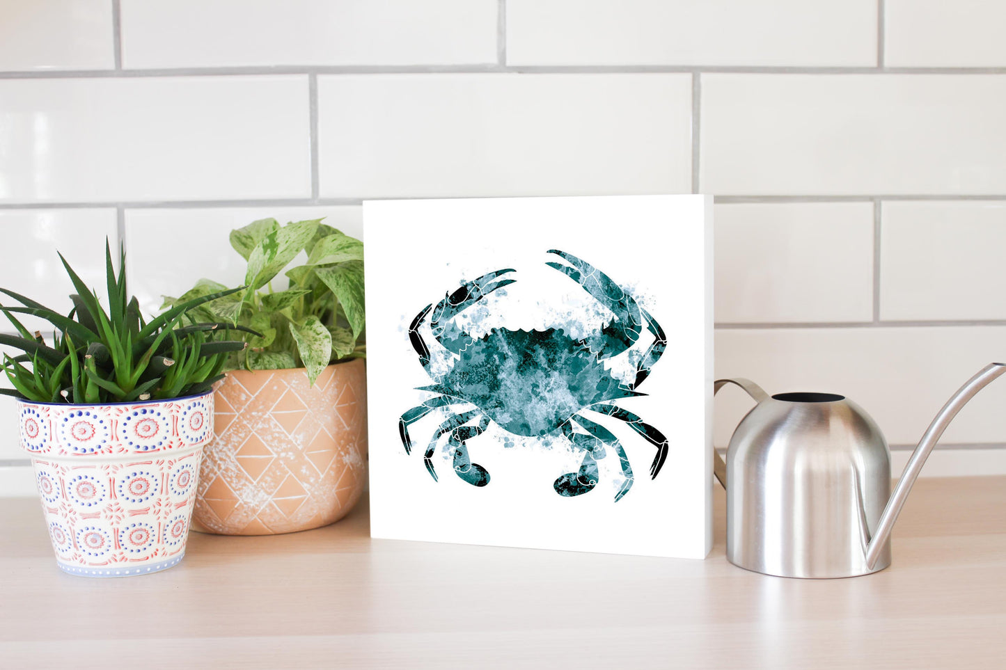 Blue White Water Color Blue Crab | Wood Block | Eaches | Min 2