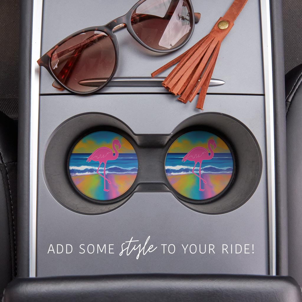 Florida Pink Flamingo Icon | Absorbent Car Coasters | Set of 2 | Min 4