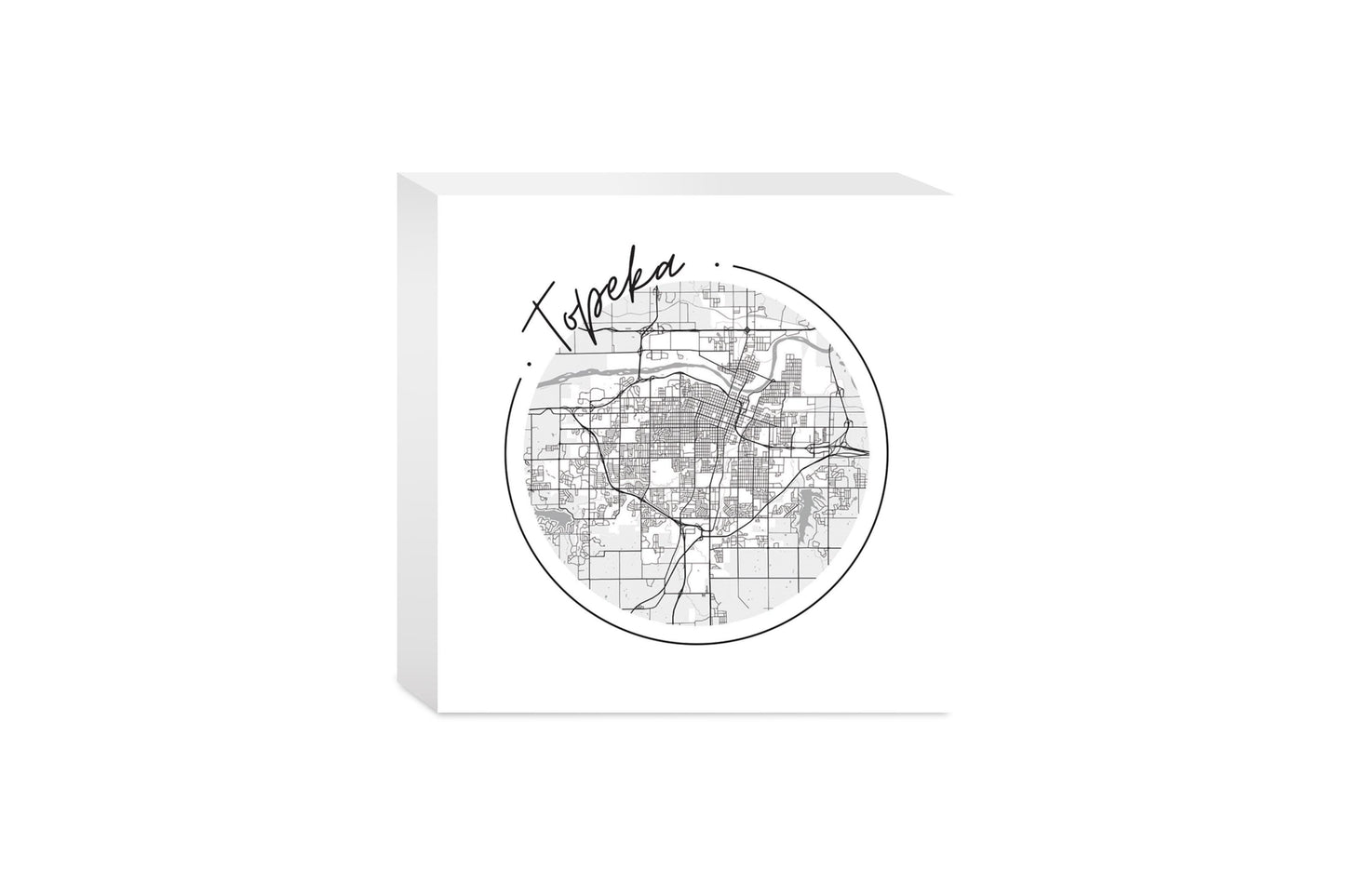 Minimalist B&W Kansas Topeka Circle Map | Wood Block | Eaches | Min 4