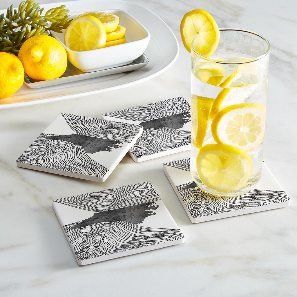 Minimalistic B&W North Carolina State With Fluid Lines| Absorbent Coasters | Set of 4 | Min 2