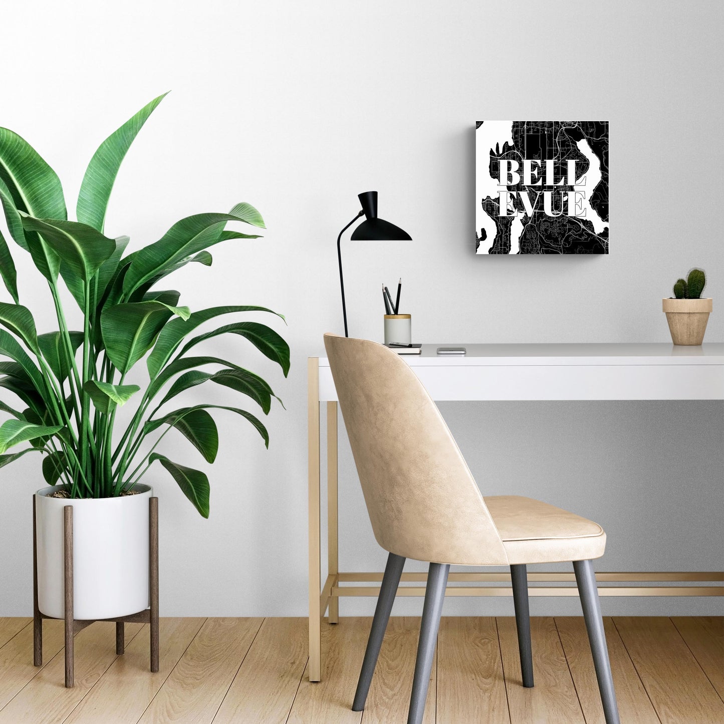 Minimalistic B&W Washington Bellevue Map | Wood Sign | Eaches | Min 2