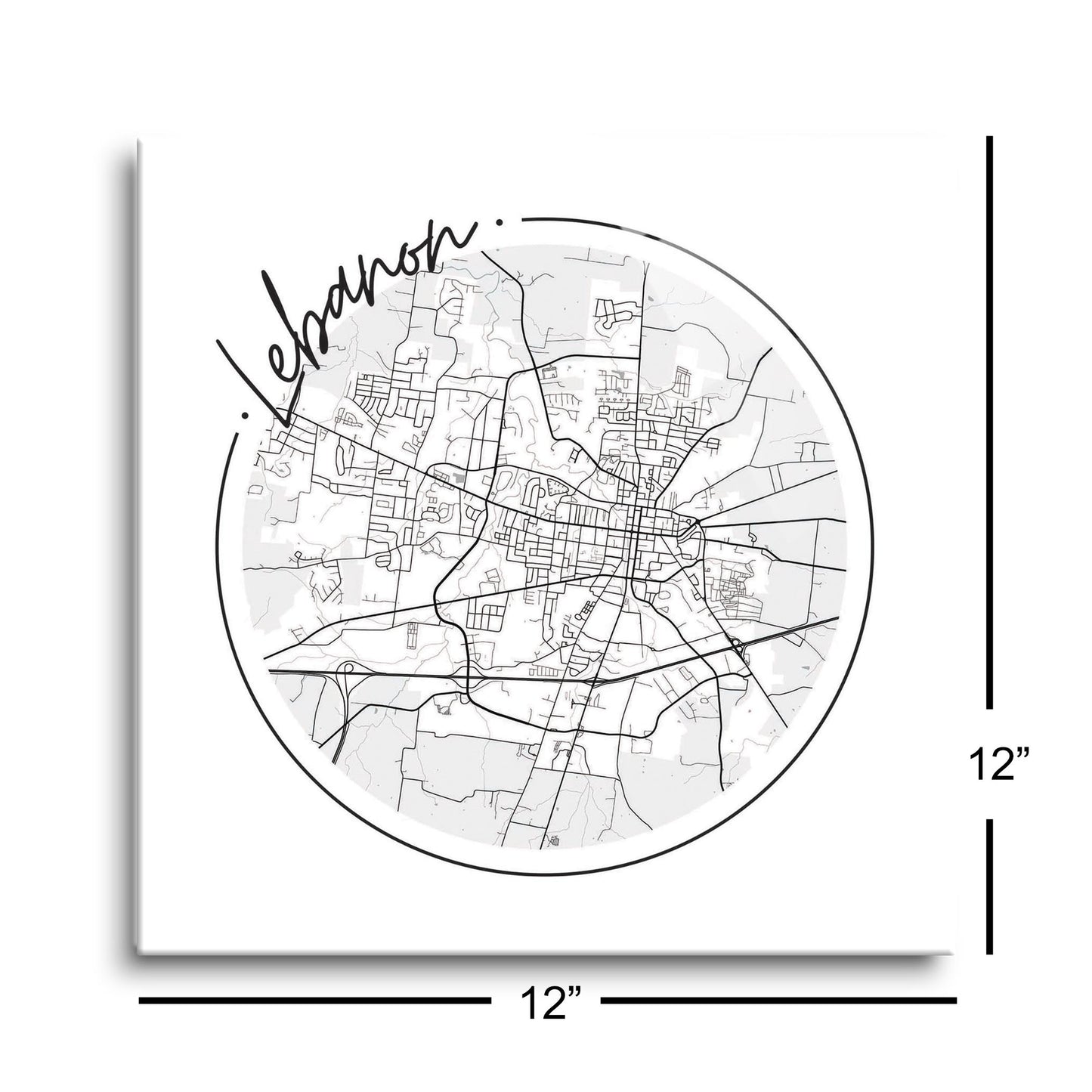 Minimalist B&W Tennessee Lebanon Circle Map | Hi-Def Glass Art | Eaches | Min 1