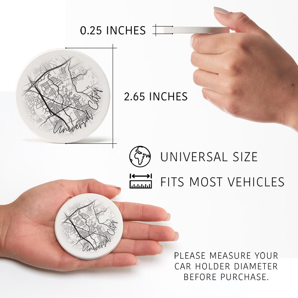 Minimalistic B&W Texas Universal City Circle Map | Absorbent Car Coasters | Set of 2 | Min 4