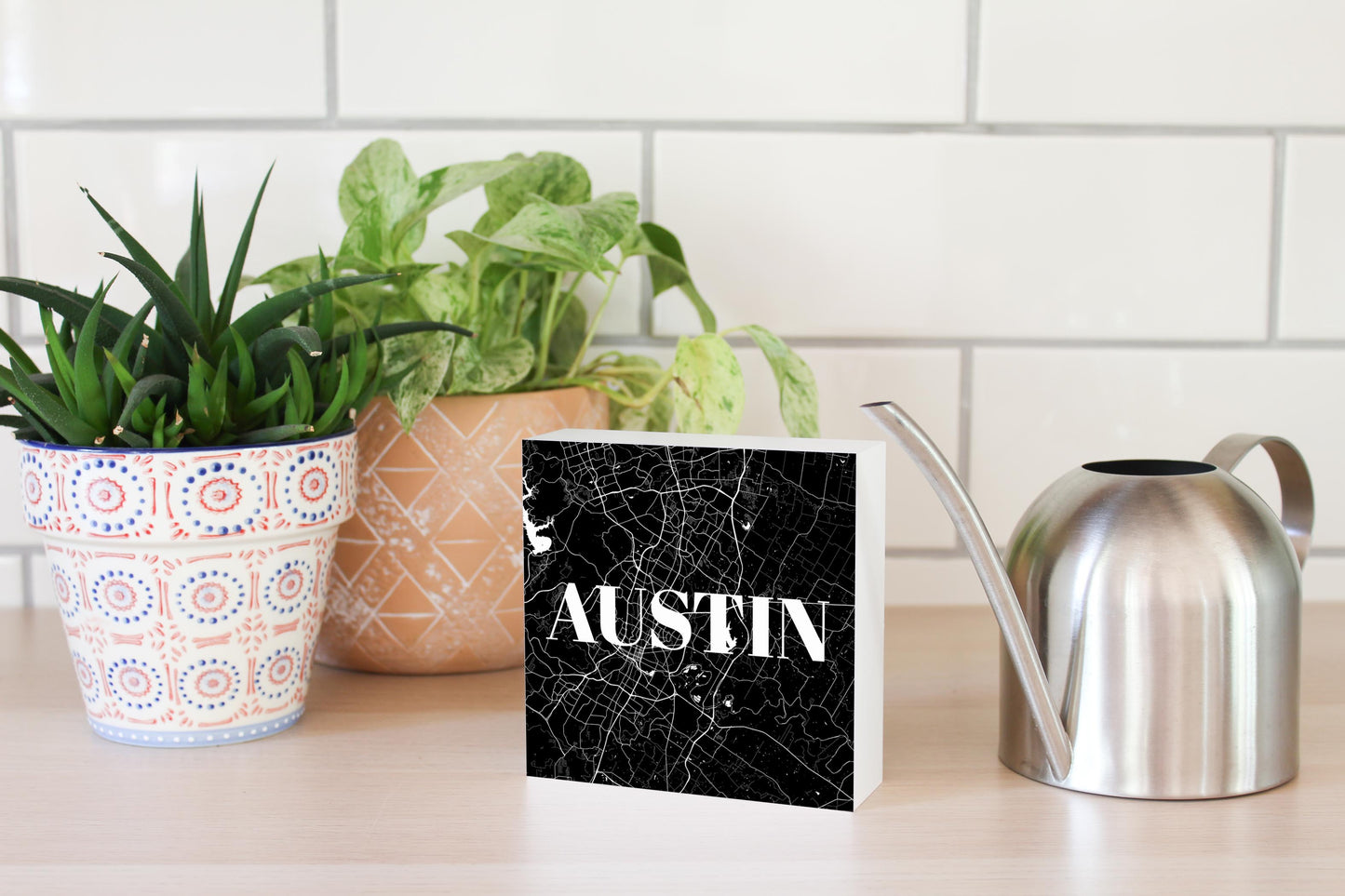 Minimalistic B&W Texas Austin Map | Wood Block | Eaches | Min 4