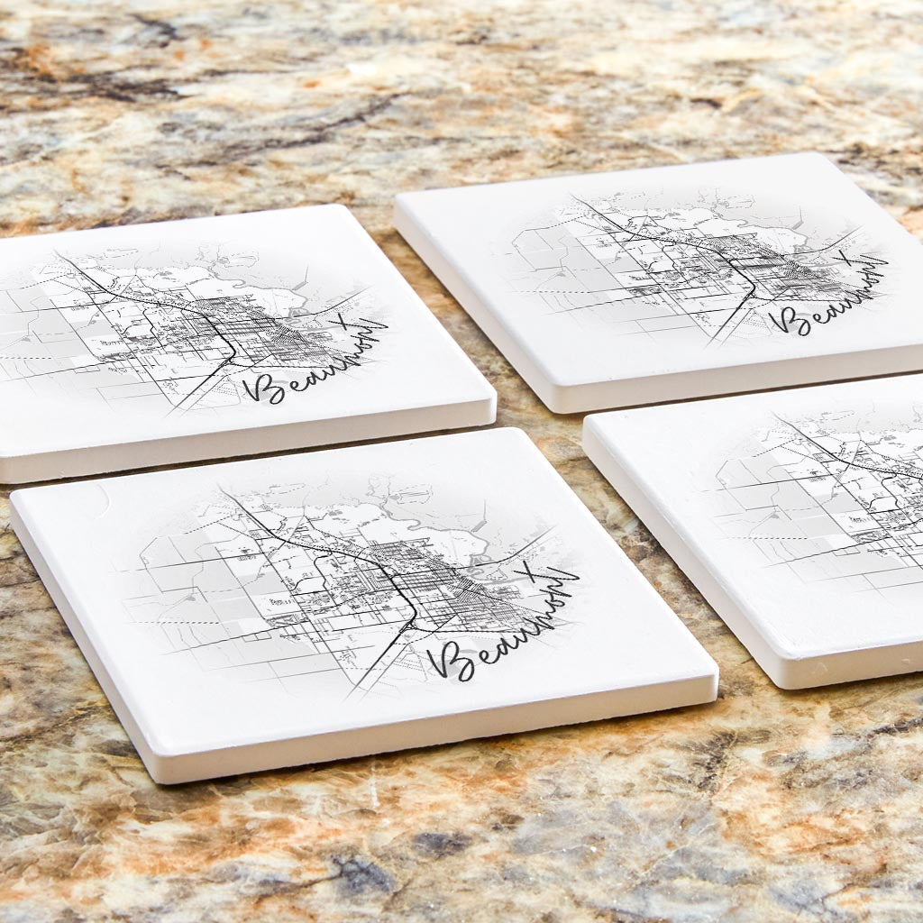 Minimalistic B&W Texas Beaumont Circle Map | Absorbent Coasters | Set of 4 | Min 2