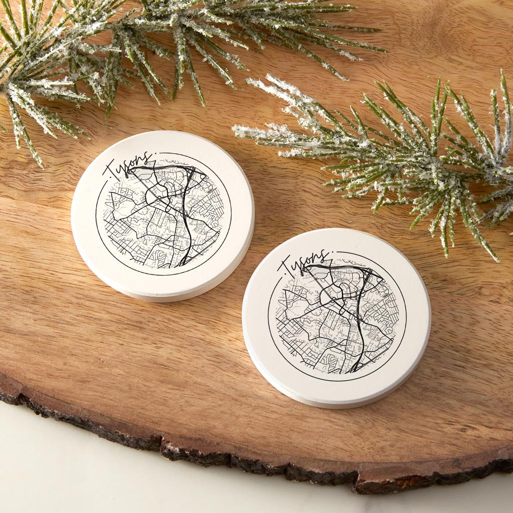 Minimalistic B&W Virginia Tysons Circle Map | Absorbent Car Coasters | Set of 2 | Min 4