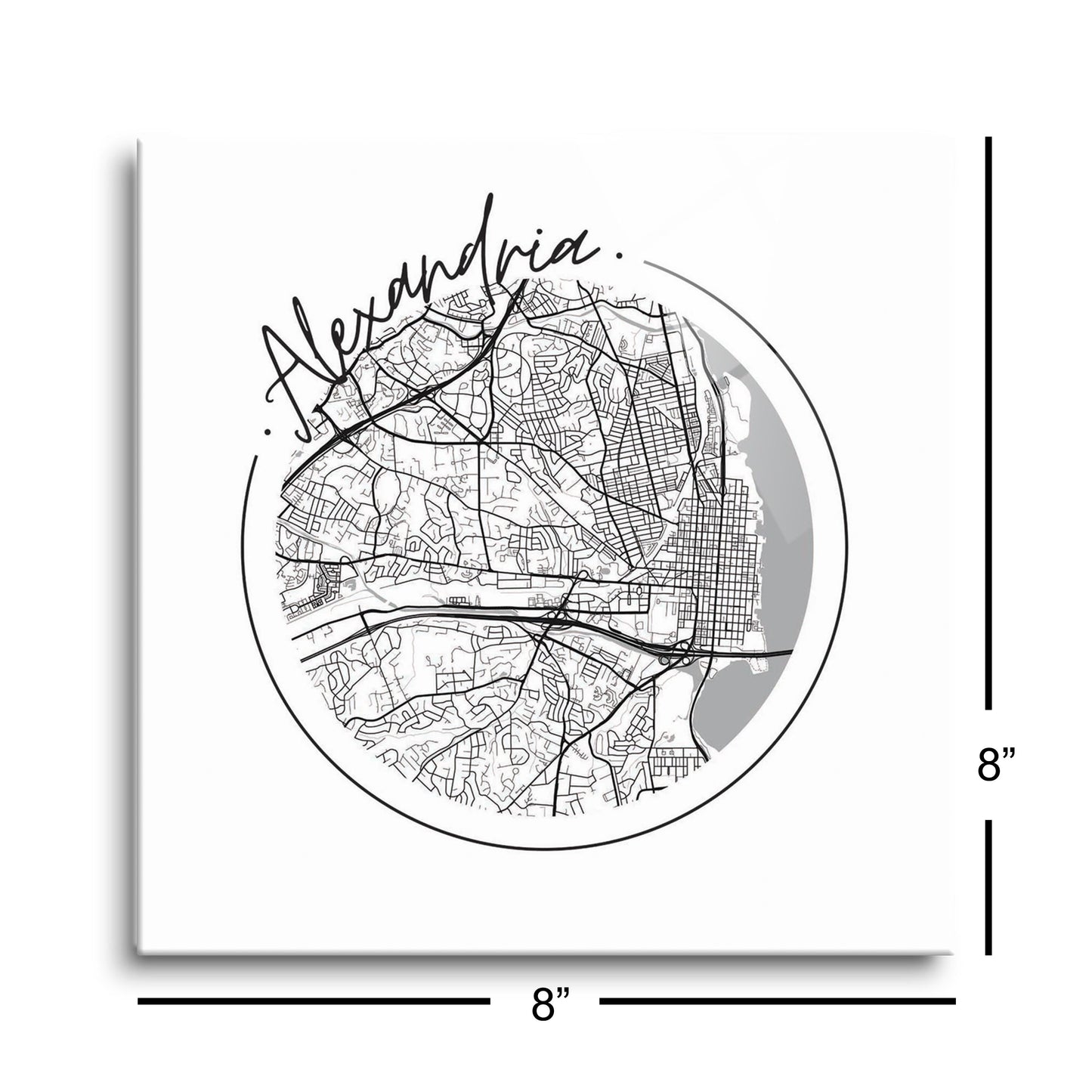 Minimalistic B&W Virginia Alexandria Circle Map | Hi-Def Glass Art | Eaches | Min 2