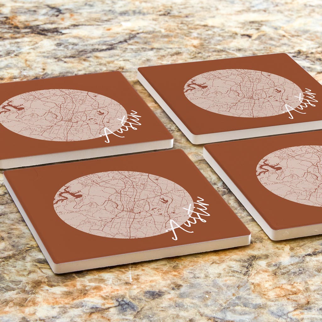 Modern Minimalist Texas Austin Circle Map | Absorbent Coasters | Set of 4 | Min 2