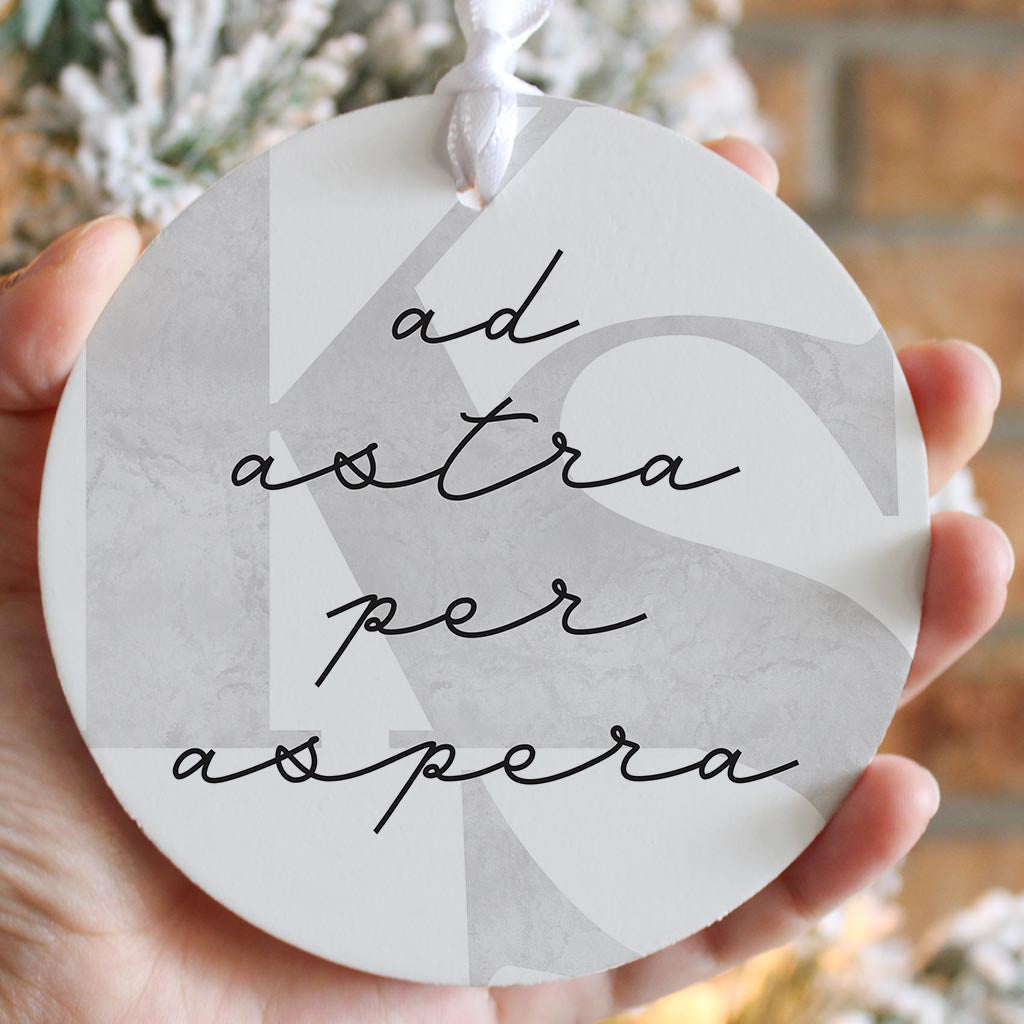 Minimalist B&W Kansas Ad Astra Per Aspera | Wood Ornament | Eaches | Min 6