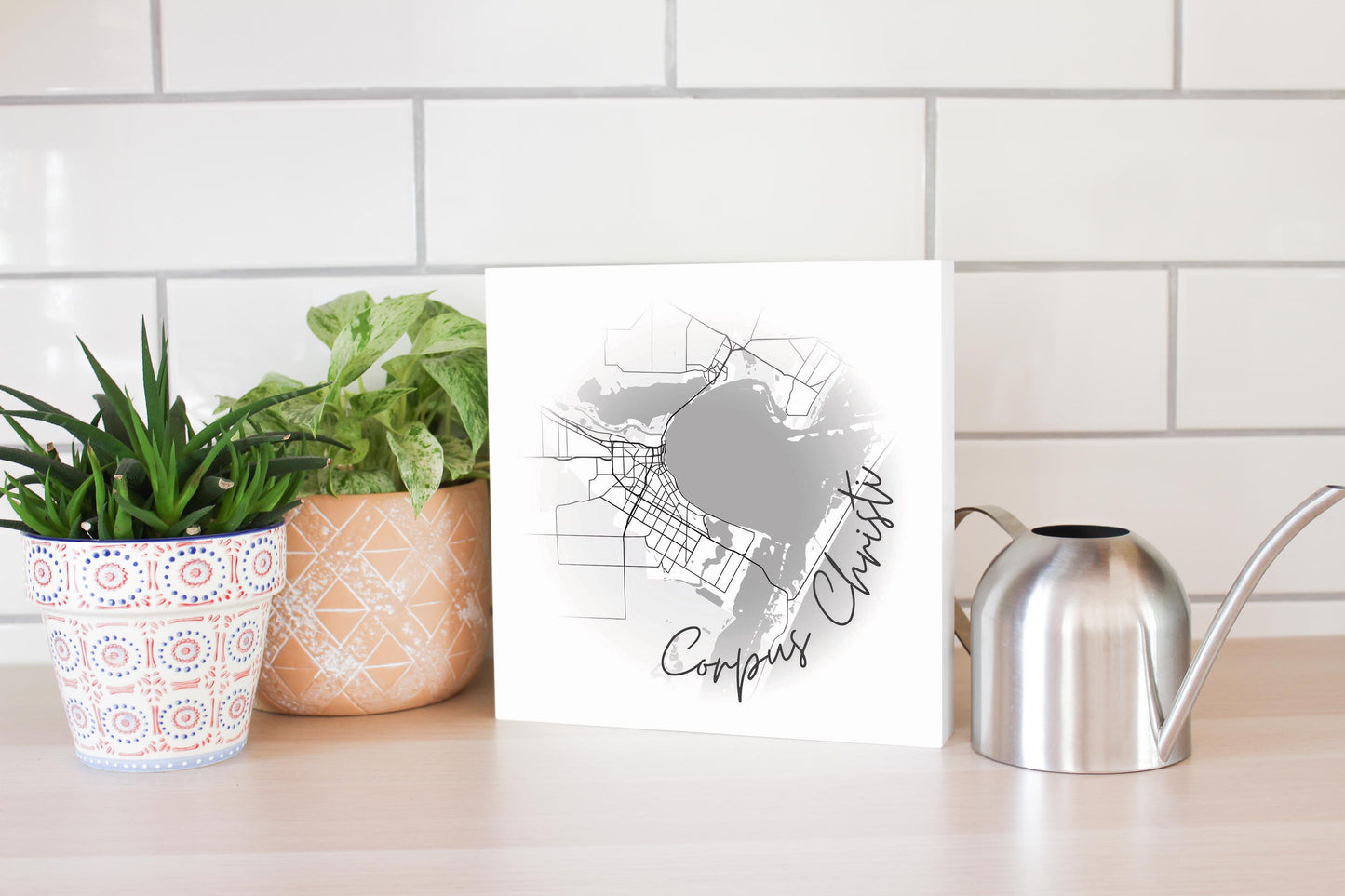 Minimalistic B&W Texas Corpus Christi Circle Map | Wood Block | Eaches | Min 2