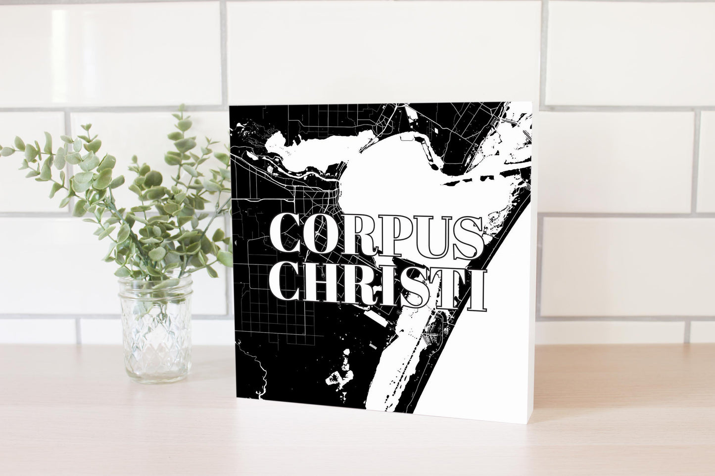 Minimalistic B&W Texas Corpus Christi Map | Wood Block | Eaches | Min 2