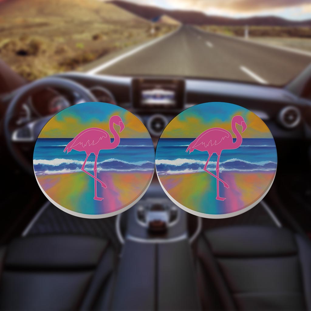 Florida Pink Flamingo Icon | Absorbent Car Coasters | Set of 2 | Min 4