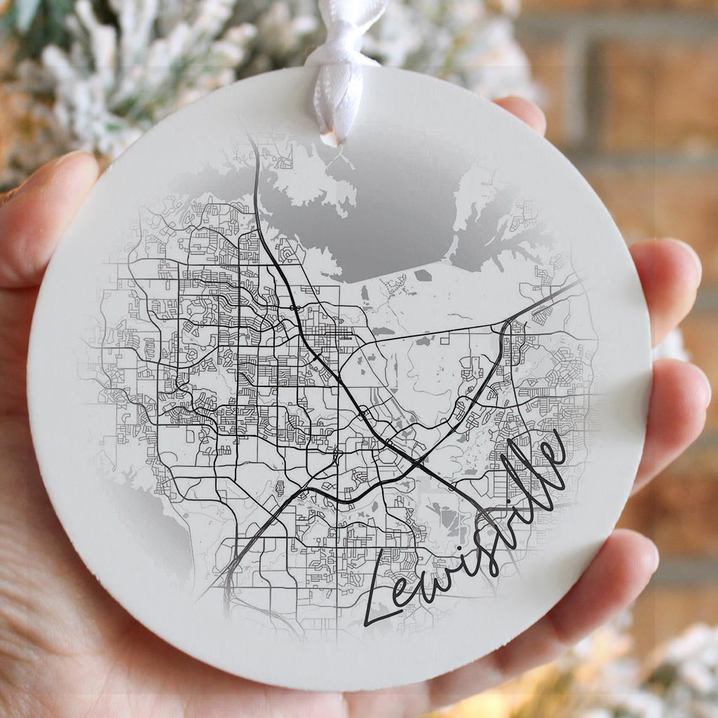 Minimalistic B&W Texas Lewisville Circle Map | Wood Ornament | Eaches | Min 6