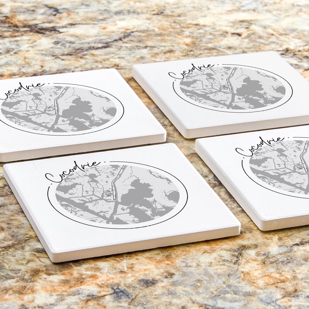 Minimalist B&W Louisiana Cocodrie Circle Map | Absorbent Coasters | Set of 4 | Min 2