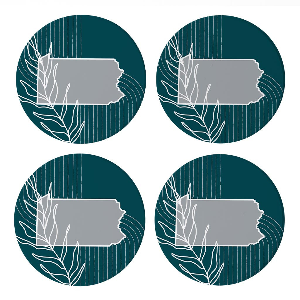 Modern Minimalist Pennsylvania Shape With Leaf | Absorbent Coasters | Set of 4 | Min 2