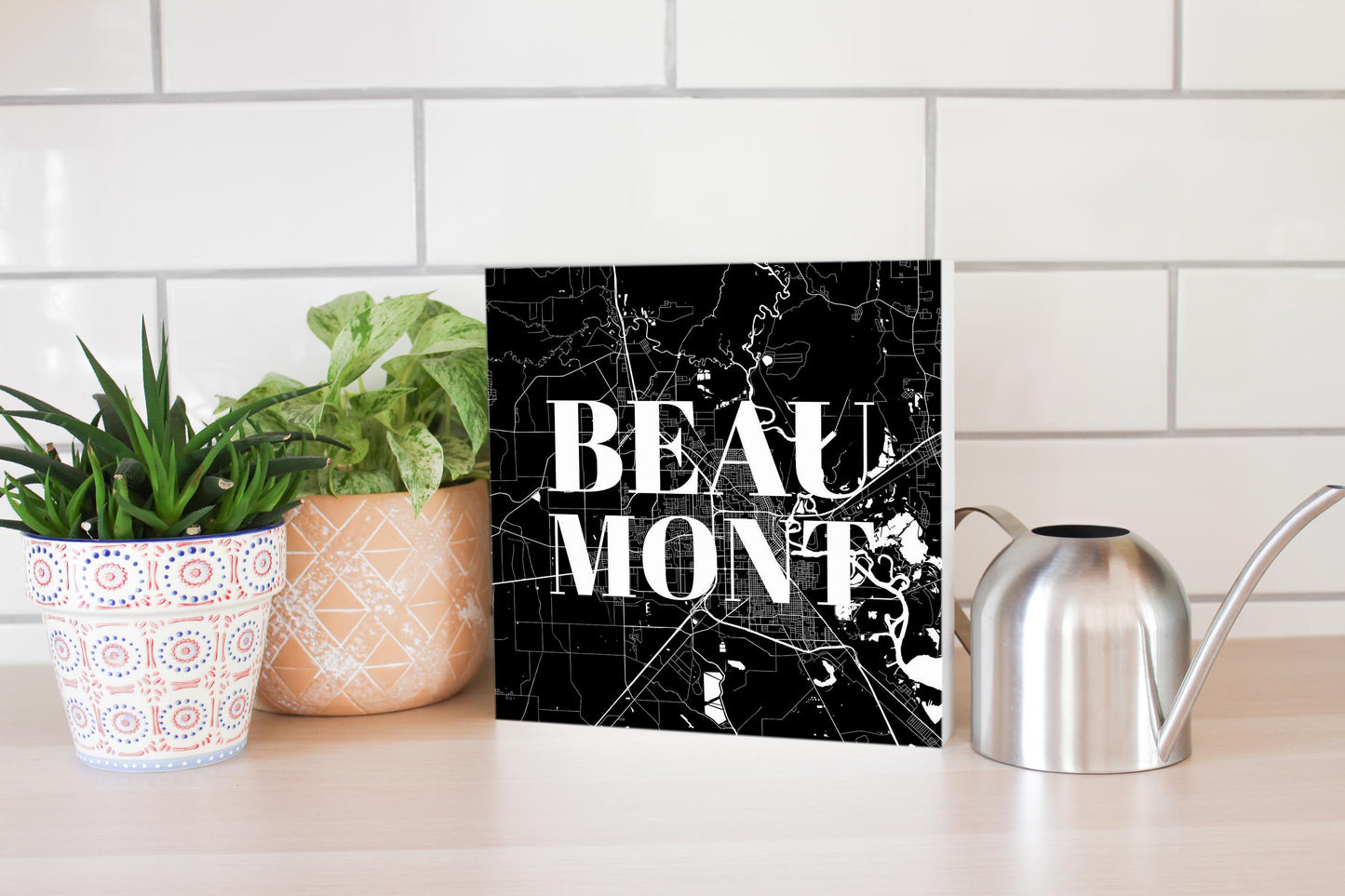 Minimalistic B&W Texas Beaumont Map | Wood Block | Eaches | Min 2