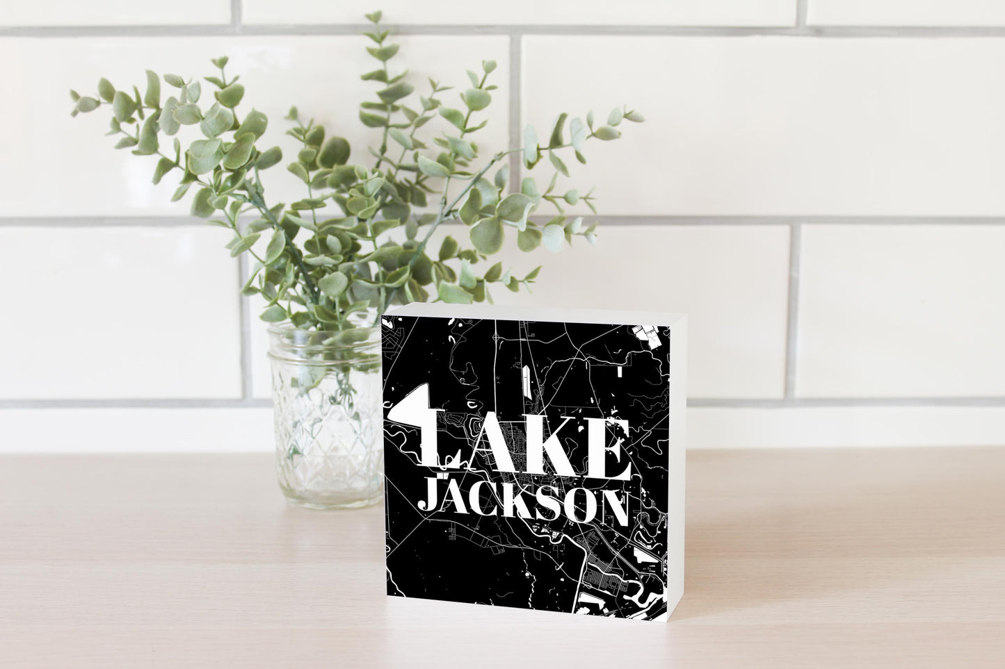 Minimalistic B&W Texas Lake Jackson Map | Wood Block | Eaches | Min 4
