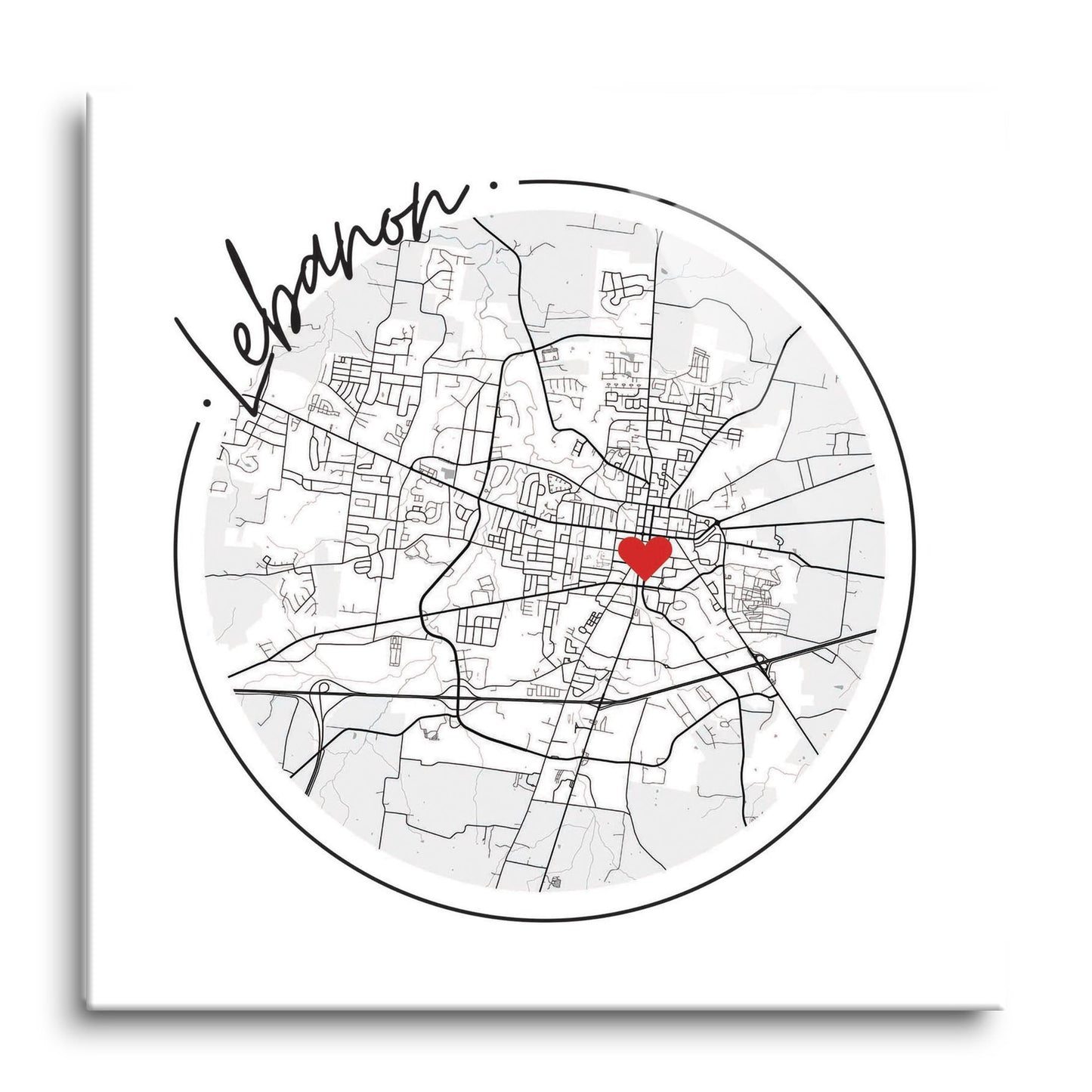Minimalist B&W Tennessee Lebanon Circle Map Heart | Hi-Def Glass Art | Eaches | Min 1