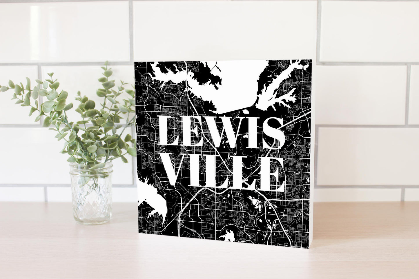 Minimalistic B&W Texas Lewisville Map | Wood Block | Eaches | Min 2