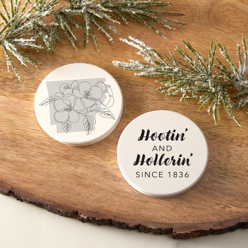 B&W Minimalist Arkansas Flowers Hootin | Absorbent Car Coasters | Set of 2 | Min 4