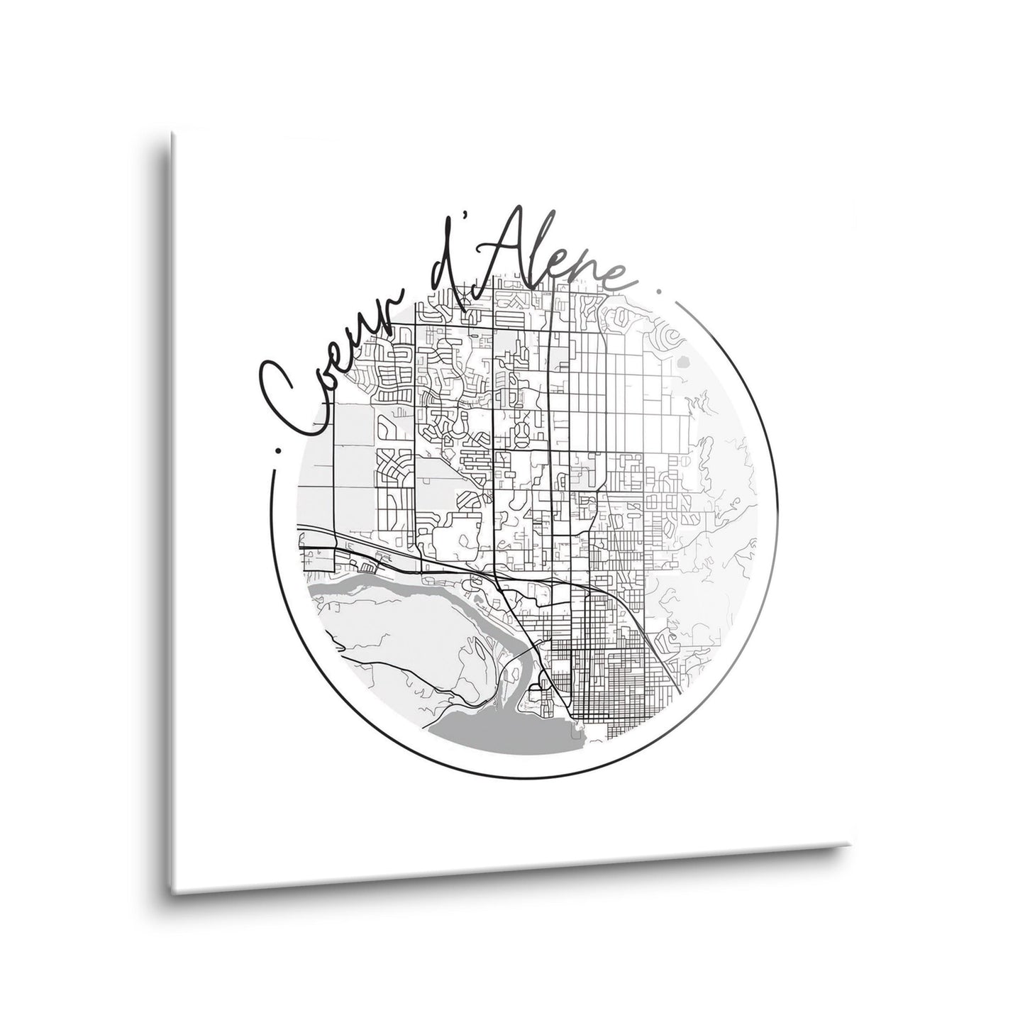 Minimalist B&W Idaho Coeur Dalene Circle Map | Hi-Def Glass Art | Eaches | Min 2