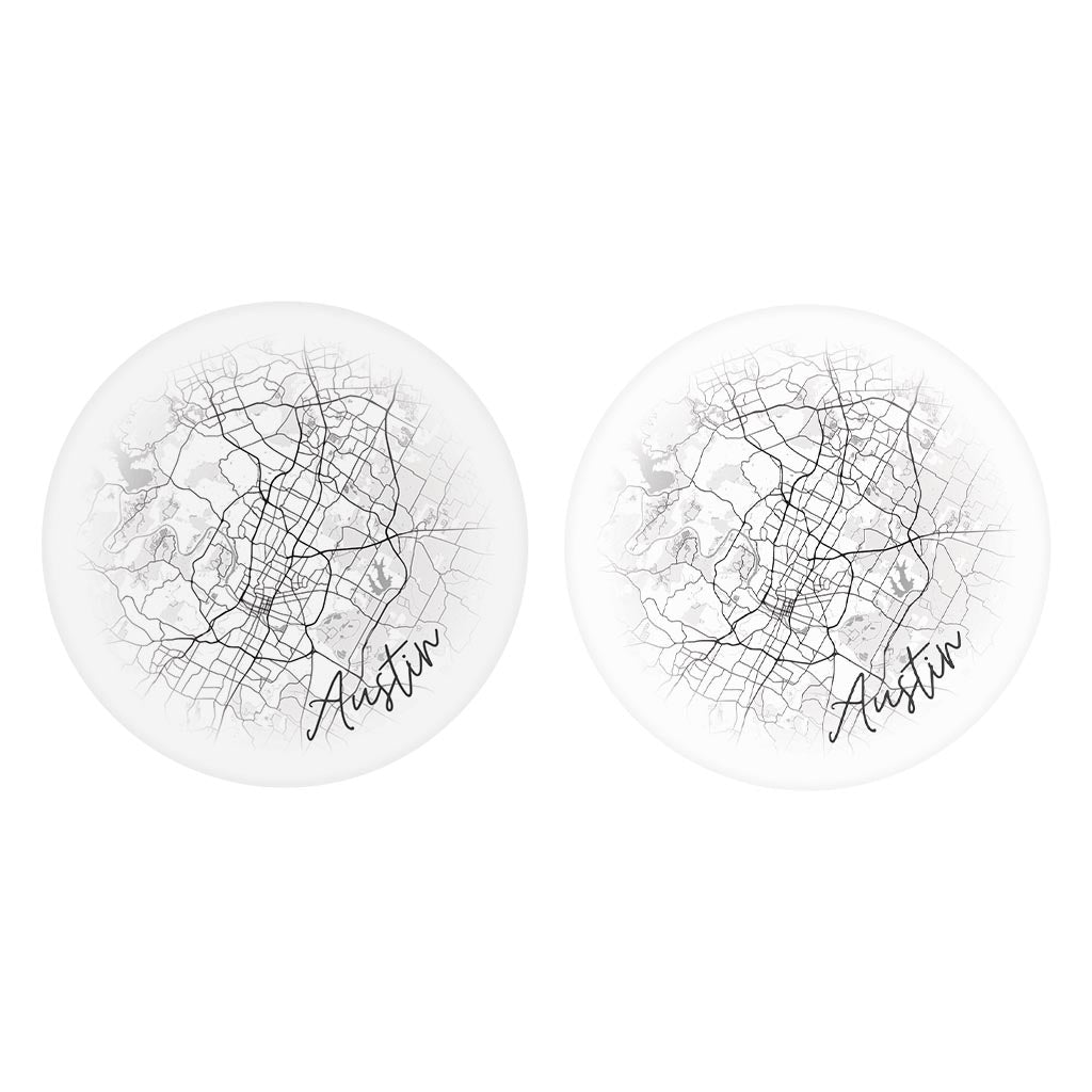 Minimalistic B&W Texas Austin Circle Map | Absorbent Car Coasters | Set of 2 | Min 4