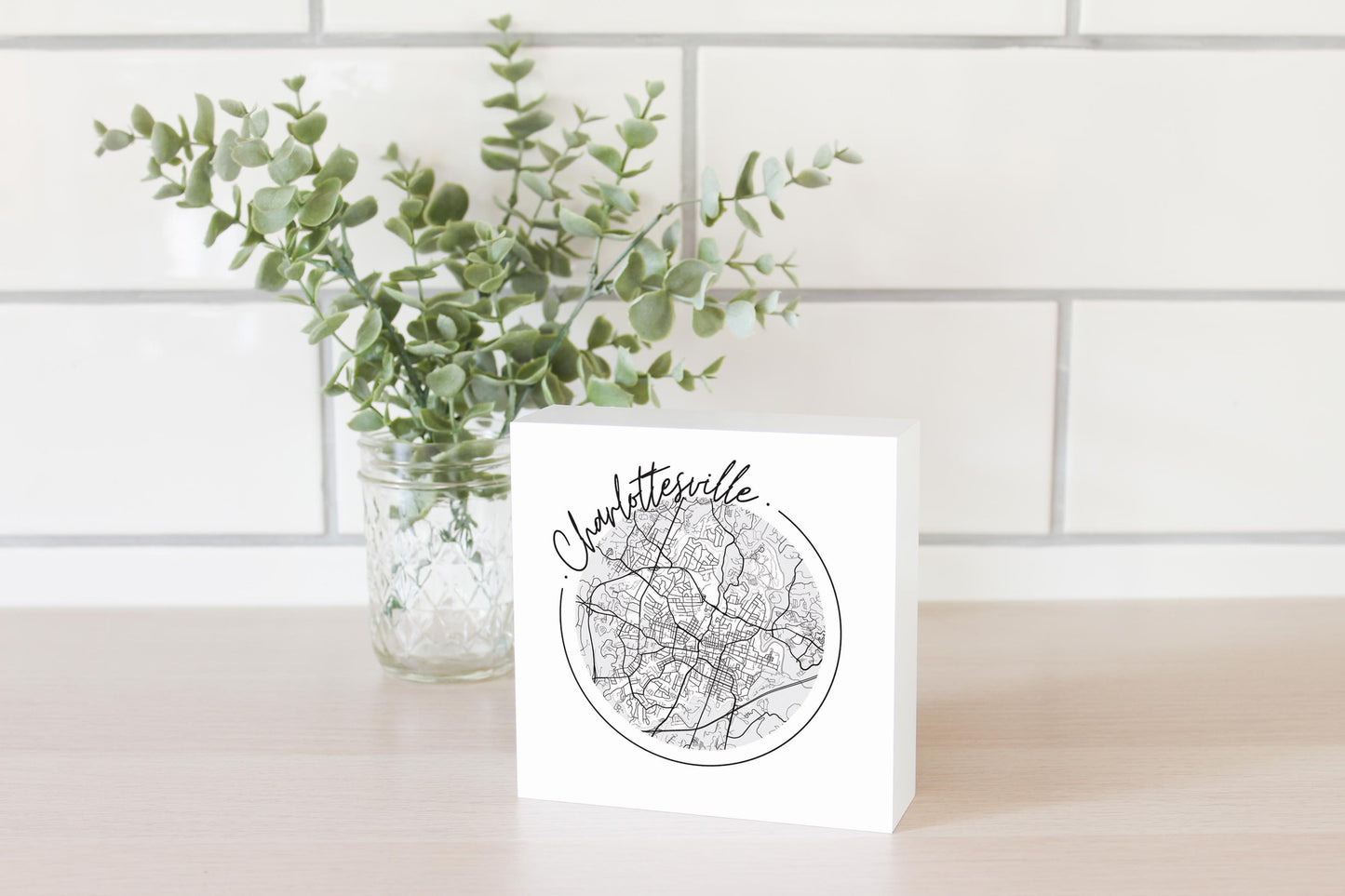 Minimalistic B&W Virginia Charlottesville Circle Map | Wood Block | Eaches | Min 4