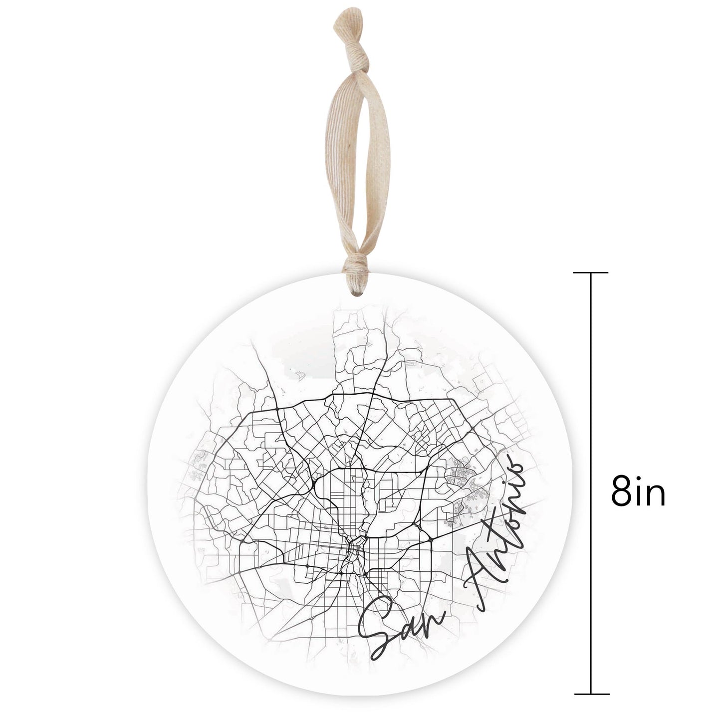 Minimalistic B&W Texas San Antonio Circle Map | Wood Ornament | Eaches | Min 1