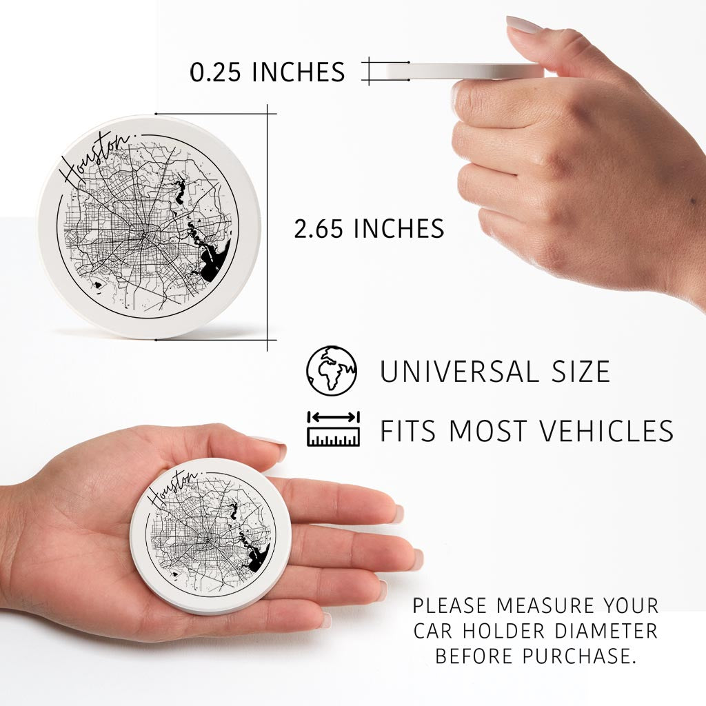 Modern Houston White Round Map | Absorbent Car Coasters | Set of 2 | Min 4